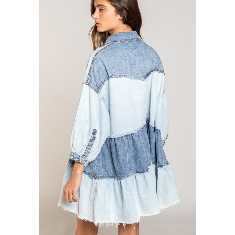 POL Denim Button Front Collared Dress | Tiered Ruffle Long Sleeve - Picture 10 of 10